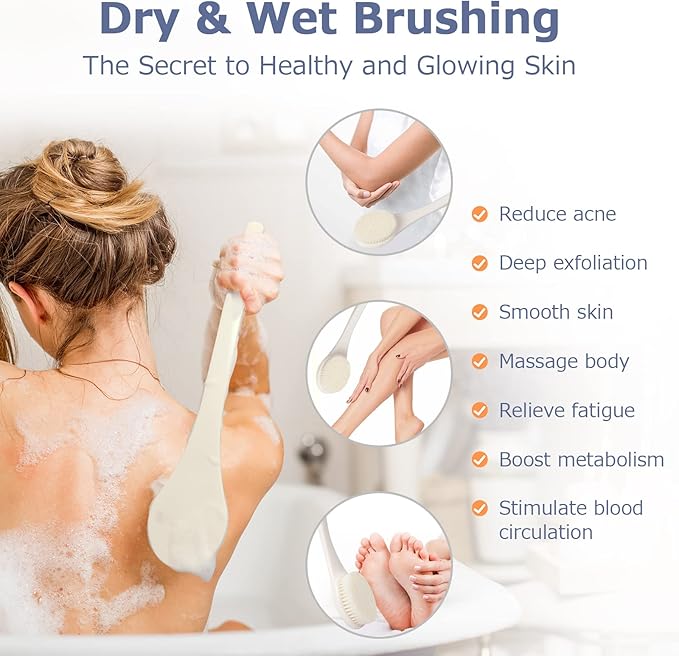 Body Back Scrubber – 17'' Long Handle Shower Brush, Anti-Mold Exfoliator for Dry & Wet Use, Deep Cleansing & Gentle Exfoliation for Smooth Skin – for Men, Women & Elderly (Cream White)