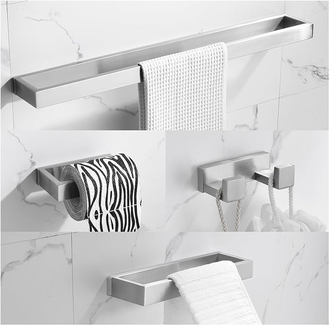 TNOMS Brushed Bathroom Hardware Accessories Set 4 Pieces Brushed Nickel Towel Bar Set, 23.6 Inch Towel Rack Set SUS304 Stainless Steel Bathroom Set,Wall Mounted
