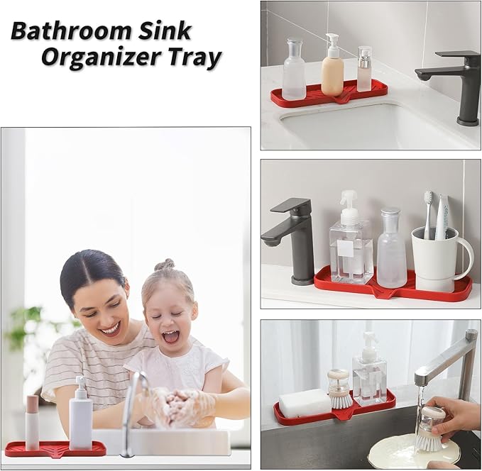 Silicone Bathroom Soap Dishes with Drain Spout-Bathroom and Kitchen Sink Organizer,Sponge Holder,Dish Soap Tray,Perfect for Dispenser,Scrubber,Bottle,Cup on Sink or Counter-Red 12"×4"