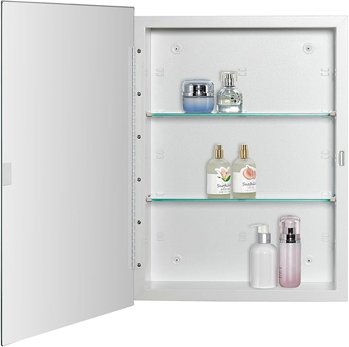 Bathroom Medicine Cabinet with Beveled Edge Mirrored Door 16 x 22 inch, Recessed or Surface Mount, with Adjustable Glass Shelves