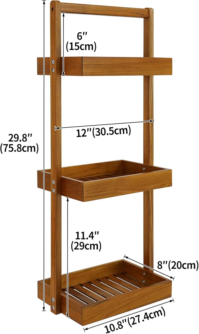 Utoplike Teak Shower Caddy Corner, 3 Tier Standing Shower Organizer Shelf with Handle, Wood Bathroom Stand Up Caddy Basket for Shampoo, Rack for Inside Shower, Bath, Office, Kitchen Desktop