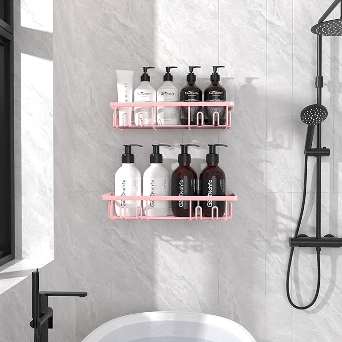 2025 New Adhesive Shower Caddy, Shower Shelves with 16 Hooks, Pink 2 Pack