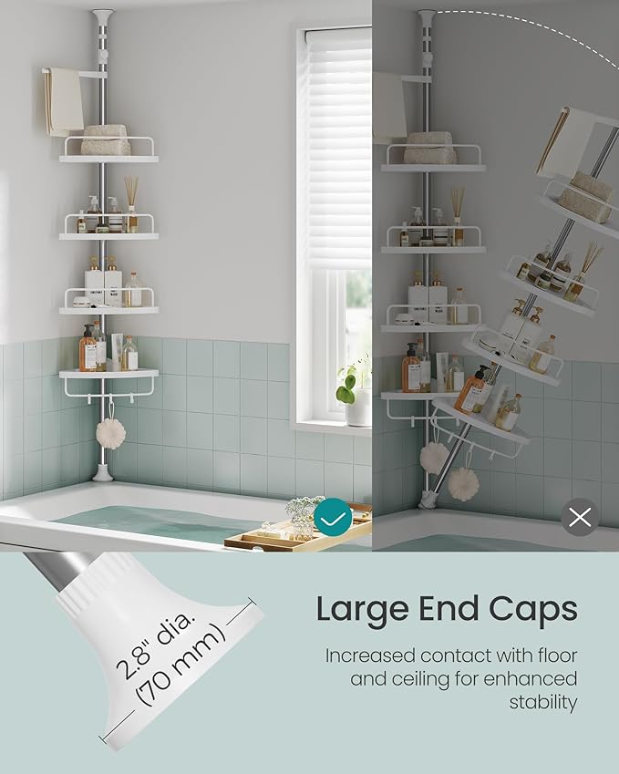 SONGMICS Corner Shower Caddy Tension Pole, 4-Tier Rust-Resistant Shower Organizer, Shower Shelf, Drill-Free, 35.8 to 118.1 Inches, Height Adjustable Trays, for Bathroom, Cloud White UBCB008W01