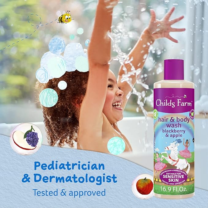 Childs Farm, Kids Hair & Body Wash for Dry, Sensitive Skin, Blackberry & Organic Apple, Gently Cleanses, Vegan, Cruelty-Free, 16.9 fl oz