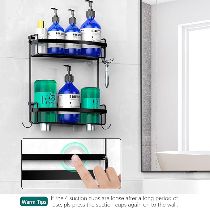 Meangood Shower Caddy Over Shower Head, Black Anti-Swing Hanging Shower Caddy with 4 Remove Hooks for Razor, Sponge, Towels Rustproof Shower Organizer for Bathroom