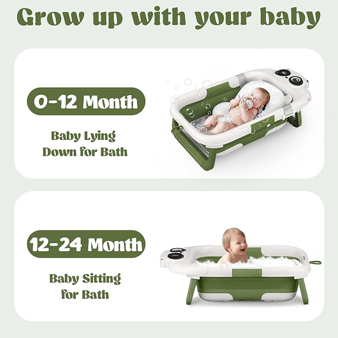 Collapsible Baby Bathtub for Newborn to Toddler, Portable Baby Bath Tub with Floating Cushion and Thermometer, Infant Bathtub for 0-24 Months(Green)