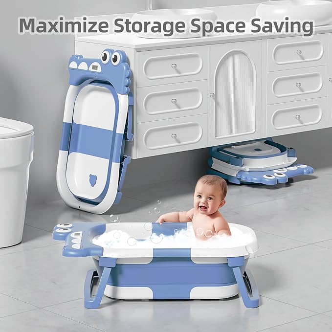TPN Collapsible Baby Bathtub, Baby Bath Tub with Soft Cushion & Real-Time Thermometer, Baby Bathtub Infant to Toddler Tub (0-36 Months), Portable Travel Baby Tubs for Newborns (Blue)