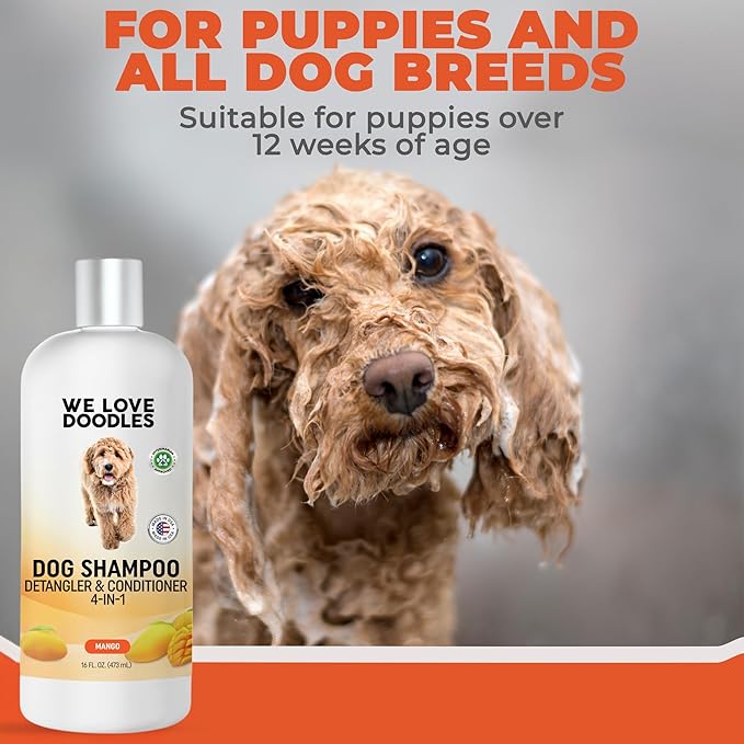 Dog Shampoo and Conditioner & Detangler - Best Goldendoodles, Poodles & Doodle Shampoo for Smelly Dogs - Sensitive Skin Puppy Shampoo - Made in The USA, Doodle Must Haves, 16OZ (Mango)