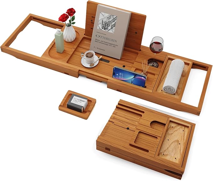 Yirilan Teak Bathtub Tray for Tub, Bath Table Tray for Tub Wood, Bathtub Caddy, Luxury Gift for House Warming, Wedding, Bridal Shower, Anniversary