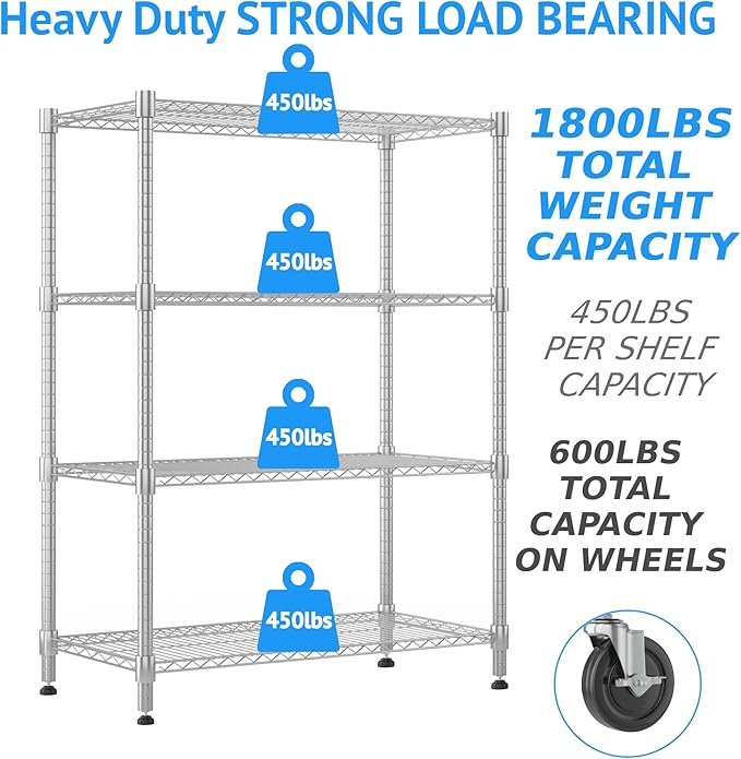 Homdox 4 Tier Heavy Duty Metal Shelves for Storage, Storage Racks and Shelving with Wheels, Commercial Adjustable Wire Shelving Unit, Garage Rack Pantry Shelves Kitchen Shelving, Chrome