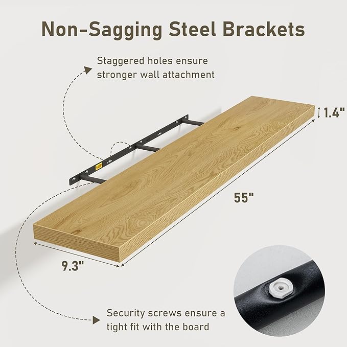 Fun Memories 55 Inch Floating Shelves for Wall 2 Pack Shelves for Bedroom|Kitchen|Bathroom 55 x 9.3 Inch Wood Floating Shelf with Invisible Brackets for Books|Storage|Decor, Oak