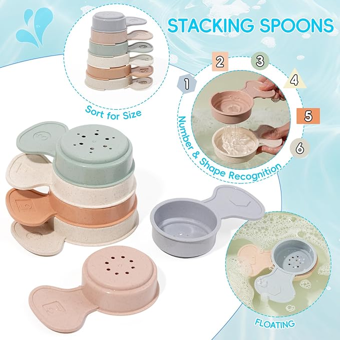 Baby Bath Toys for Kids Ages 1-3, 15 PCS Mold Free Bath Toys for Toddlers 2-4 Bathtub Water Table Pool Toys, Silicone Bath Toy and Bath Boats Spoons, Christmas Stocking Stuffers for Babies & Toddlers