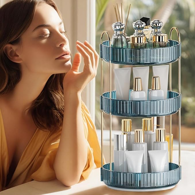 360° Rotating Makeup Organizer, Bathroom Organizers and Storage Holder Rack, Large Capacity Vanity Shelf Countertop, Fits Cosmetics, Perfume, Skin Care(Blue, 3 Tiers)