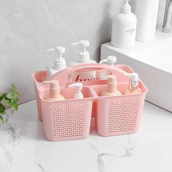 UUJOLY Plastic Portable Shower Caddy Basket Bucket, Cleaning Shower Basket with Handle Compartments Storage Basket Organizer for Bathroom Kitchen College Dorm Sink, Pink
