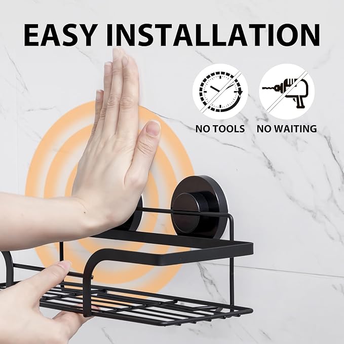 LEVERLOC Shower Caddy Suction Cup, 2 Pack Shower Shelves for Inside, Black Rustproof Metal Bathroom Storage NO-Drilling Bathroom Organizer with Large Capacity, Heavy Duty Storage Basket