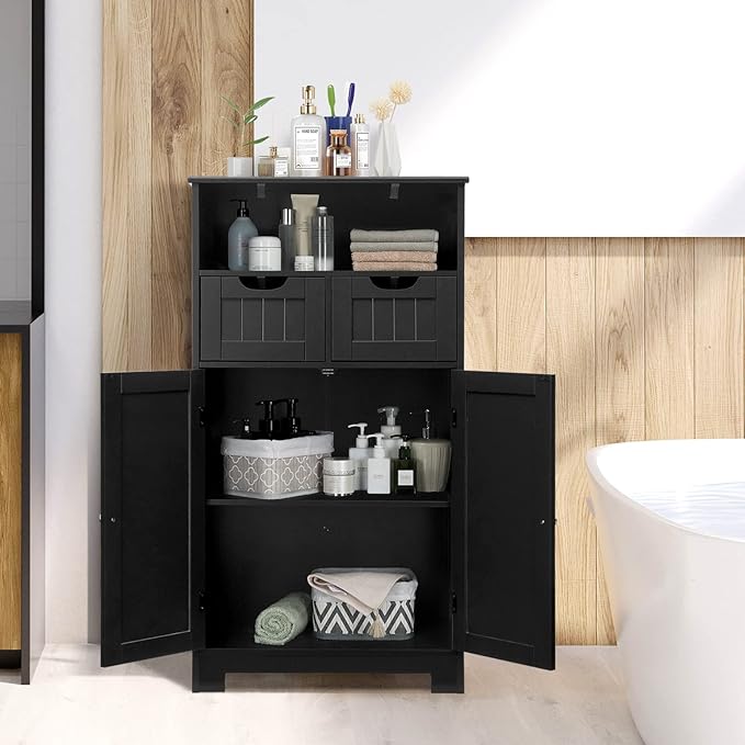 COSTWAY Bathroom Storage Cabinet, Freestanding Storage Organizer with 2 Drawers & Adjustable Shelf, Wooden Floor Cabinet for Living Room, Bedroom, Kitchen, Entryway (Black)