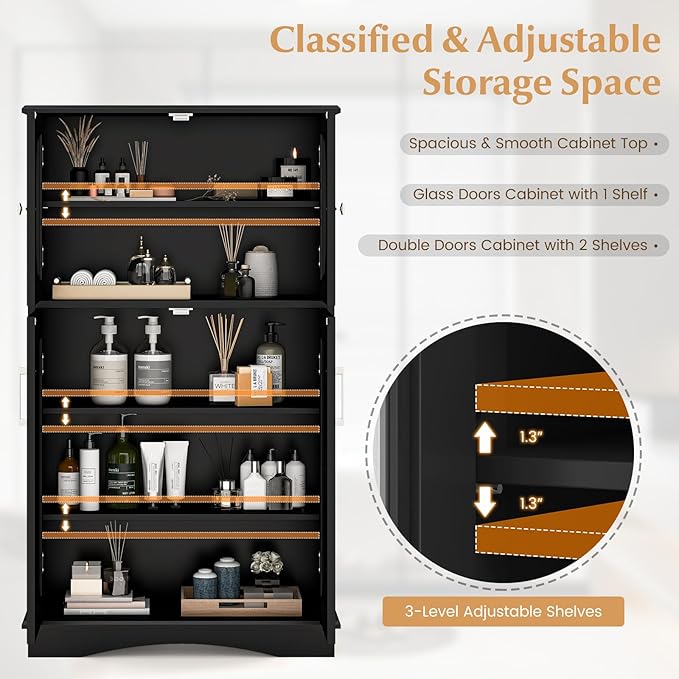 Tangkula Freestanding Floor Cabinet w/2 Glass Doors, 3-Level Adjustable Shelves, Anti-toppling Design, Kitchen Pantry Cupboard for Bathroom, Living Room (Black)