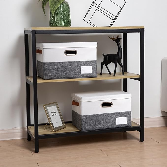 PRANDOM Foldable Storage Bins with Lids [3-Pack] Fabric Collapsible Storage Boxes Baskets Cubes Containers with Handles for Closet Living Room Bedroom (Grey & White 14.9x9.8x9.8'')
