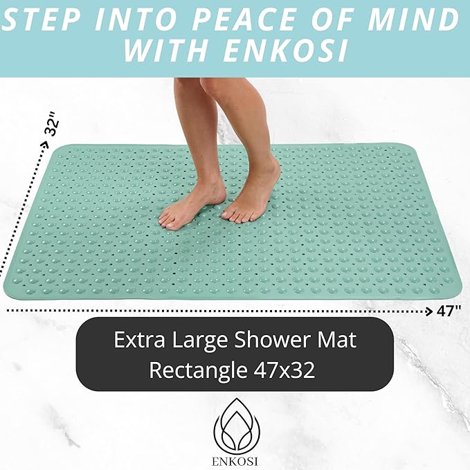 ENKOSI Extra Large Shower Mat Non Slip - 47 x 32 inch - XL Bathroom Shower Mat - Large Shower Matts for Shower Stall Floors - Secure Suction Cups and Drain Holes (47x32 Aqua Green)