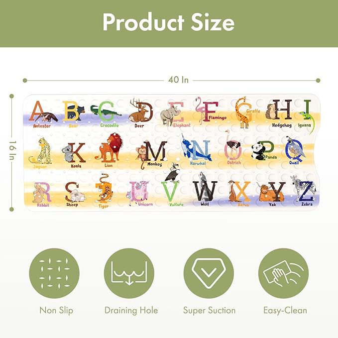 AmazerBath Baby Bath Mat Non Slip, Cartoon Kids Bath Mat for Tub 40 x 16 Inches Full Size Shower Stall Mats - Alphabets & Animals