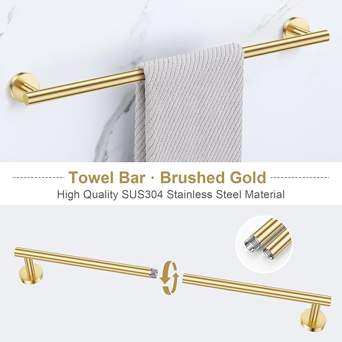 Lairuier Brushed Gold Bathroom Hardware Set, 10-Piece Towel Bar Set SUS304 Stainless Steel Bathroom Hardware Accessories Set Round Towel Holder Set Wall Mounted