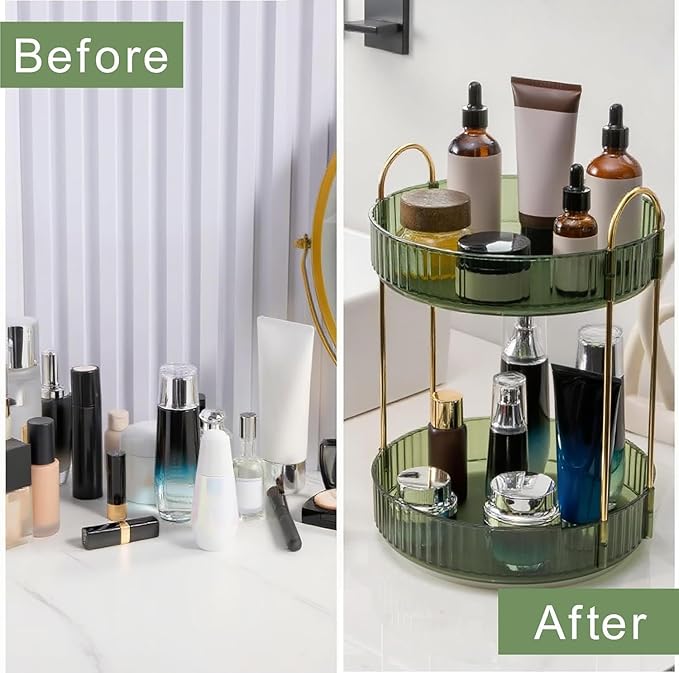 360° Rotating Makeup Organizer, Bathroom Make Up Spinning Holder Rack, Large Capacity Cosmetics Storage Vanity Shelf Countertop, Fits Cosmetics, Perfume, Skincare, Lipsticks(2 Tiers, Green)