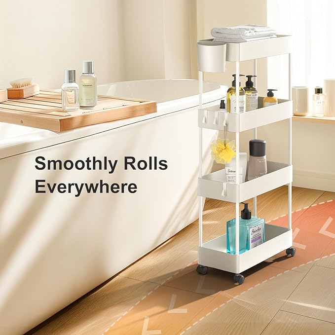 Pipishell Slim Storage Cart with Wheels, 4 Tier Bathroom Storage Organizer Rolling Utility Cart for Bathroom Kitchen Laundry Room Office Narrow Place (White)