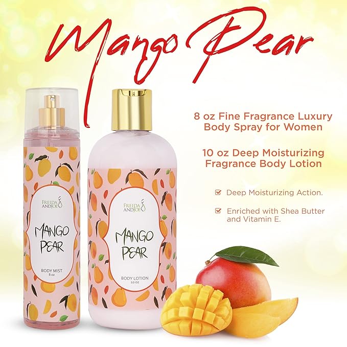 Home Spa Gift 10oz Deep Moisturizing Fragrance Body Lotion & 8 oz. Fine Fragrance Body Mist Set Luxury Self-Care Combo for Women and Girls (Mango Pear)