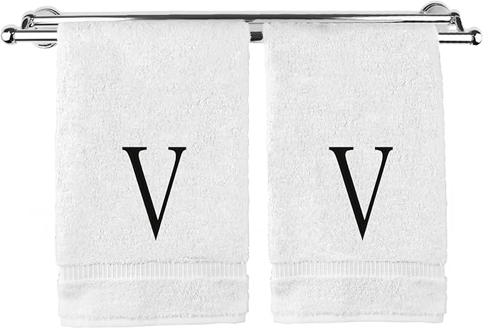 Monogrammed Hand Towel, Personalized Initial Gift, Extra Absorbent 100% Turkish Cotton - Soft Terry Finish - Set of 2 - Black Block Initial V - Embroidered on White Towels