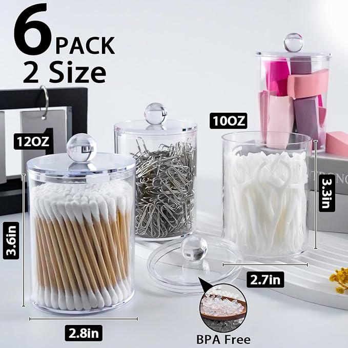6 Pack Qtip Holder,Canister Apothecary Jar Set, Bathroom Jars with Lids Set for Cotton Swabs, Balls, Pads, Floss Picks,10oz-12oz Plastic Canisters Restroom Bedroom Vanity Organizer(Clear)
