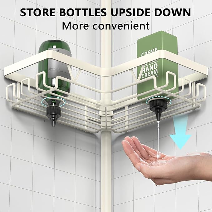 Corner Shower Caddy Tension Pole, 4-Tier Adjustable Corner Shower Caddy with Soap Dish & Razor Holder, Stainless Steel Tension Pole Shelf Fits Bathtub & Floor 25-114.2 inches(Off-white)