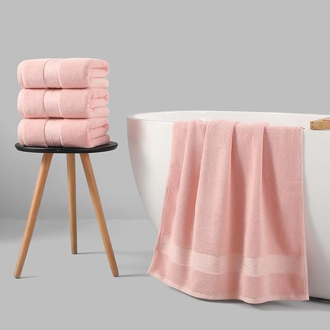 REDKISS Pink Bath Towels Set of 4, Extra Large Bath Sheets 27 X 59 Inches, 100% Cotton, 600 GSM, Quick Dry, Ultra Soft & Super Absorbent Bathroom Towel Sets for Bathroom, Gym, Spa, Pool & Hotel