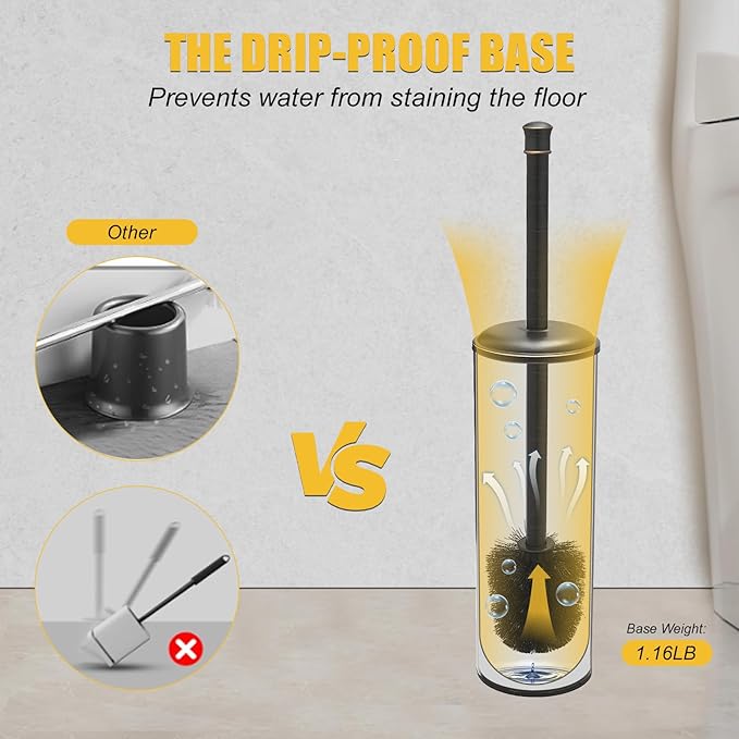 BESy Toilet Brush and Holder, Toilet Cleaner Bowl Set with Two Brush with Extra Long Handle, Durable Bristles Toilet Scrubber and Covered Holder, Drip-Proof Stainless Steel Oil Rubbed Bronze