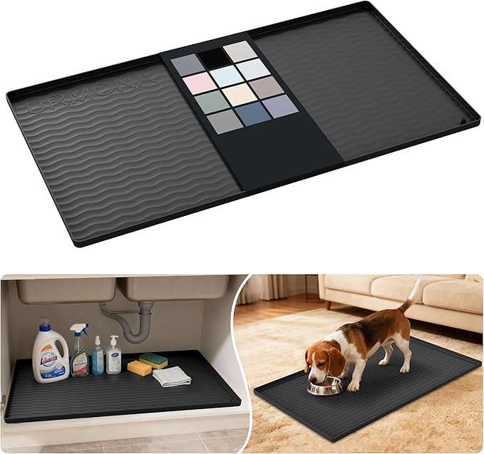 URMONA Waterproof Silicone Under Sink Mat 34'' x 19'' Shelf Liner for Kitchen and Bathroom, Cabinet and Counter Protector, Storage and Organizers, Litter Mat, Pet Cat Puppy Essentials(Black)