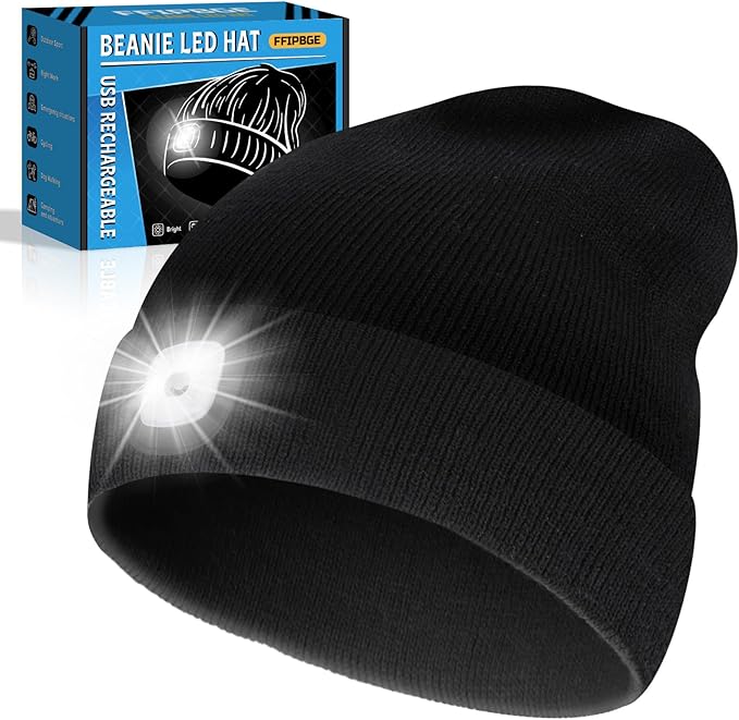 Christmas Stocking Stuffers for Men Adults, Beanie Hats with Light, USB Rechargeable LED Hand Free Headlamp, Birthday Gifts for Men, Women, and Teens, Ideal for Camping, Hiking, Black