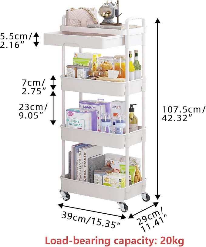 Calmootey 4-Tier Rolling Utility Cart with Drawer,Multifunctional Storage Organizer with Plastic Shelf & Metal Wheel,Storage Cart for Kitchen,Bathroom,Living Room,Office,White