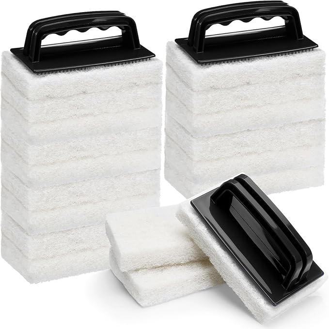 Maxdot 18 Pcs Handled Bath Scrubber Set, 15 Bathroom Scouring Pad 3 Bathtub Scrubber with Handle Non Scratch Soap Scum Remover for Cleaning Sink Shower Tile Swimming Pool Step Corner (Black and White)