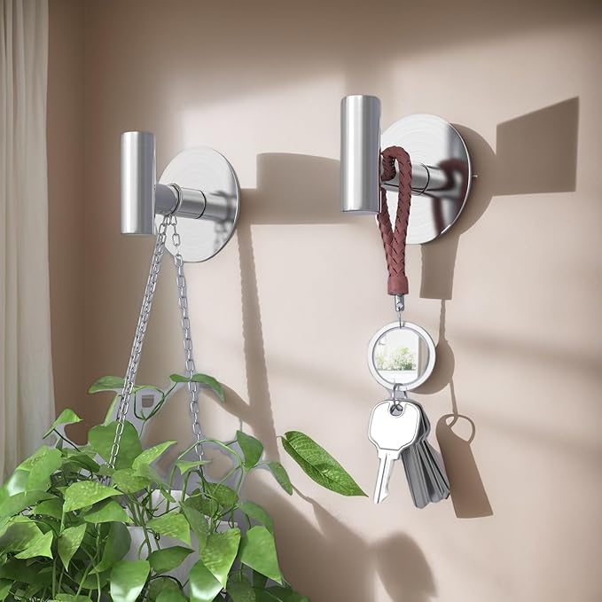 Heavy Duty Self-Adhesive Coat Hooks, Stainless Steel Towel Hooks for Bags, Towels, Robes, Hats, Aprons – No Drill Bathroom, Kitchen, Hotel Wall Hooks (2 Pack, Silver)