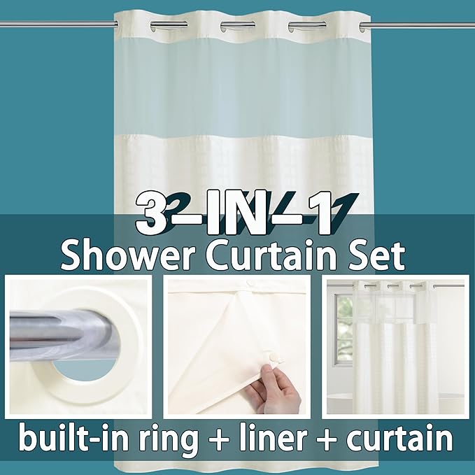 Conbo Mio Stall No Hook Shower Curtain with Snap in Liner Set, Hotel Luxury Beige Shower Curtains for Bathroom with See Through Top Window, Waterproof, Washable 54W x 74H