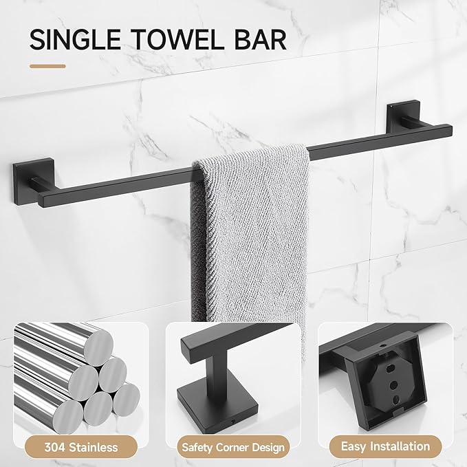 TQKAG Matte Black Bathroom Hardware Accessories Set 10 Pieces, 23.6" SUS304 Stainless Steel Towel Bar Set Wall Mounted Includes Single Towel Bar, Towel Ring, Toilet Paper Holder, Double Towel Hooks