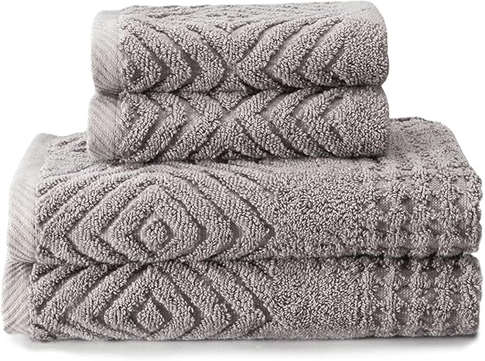 Texere 100% Organic Cotton Diamond Jacquard 700 GSM Luxury Bath Towel Sets - Ultra Soft and Absorbent Hotel and Spa Quality (Diamond, Cathedral Gray, 2 Hand & 2 Face Towels)