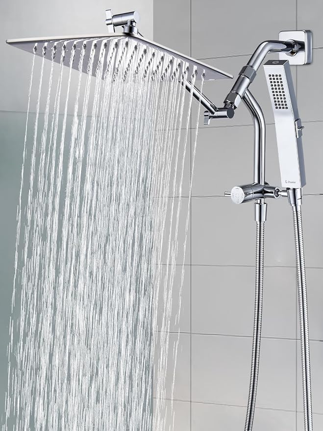 G-Promise All Metal 12 Inches Rain Shower Head with Handheld Built-in Power Wash Mode, 3-way Diverter with Pause Setting, 11 Inches Adjustable Extension Arm with Lock Joint, Long Hose (Chrome)