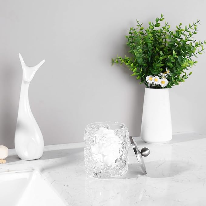 Clear Transparent Apothecary Floral Embossed Glass Jar With Satin Nickel Metal Lid Cover for Bathroom Organization, Cotton Balls, Q Tips, and Small Accessories, Bathroom Storage