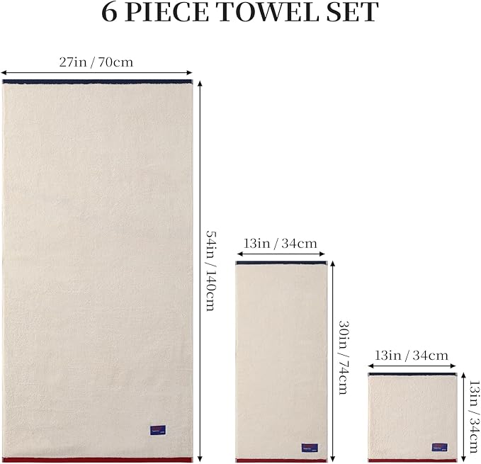 REDKISS 6 Pack Cotton Towel Set with Luxury Embellished Border, 600 GSM Ultra Soft & Highly Absorbent Bath Towels Set with 2 Bath, 2 Hand, 2 Washcloths for Bathroom, Gym, Spa, Hotel, Beige Brown
