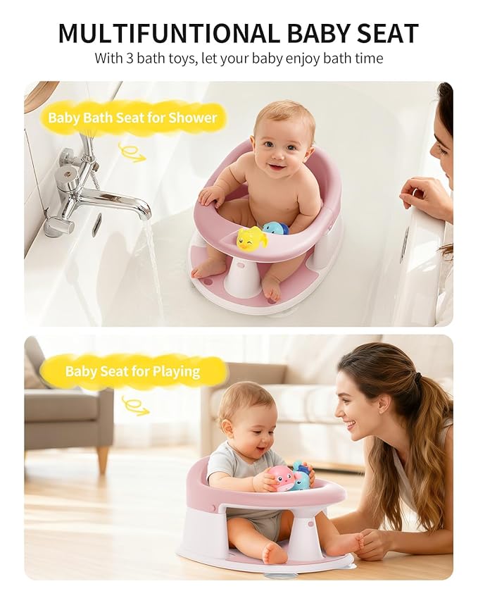 Baby Bath Seat for Babies 6 Months & Up, Bath Seats for Babies Sitting Up, 3 Baby Bath Toys, Open Design, Non-Slip, Compact Toddler Bath Seat.