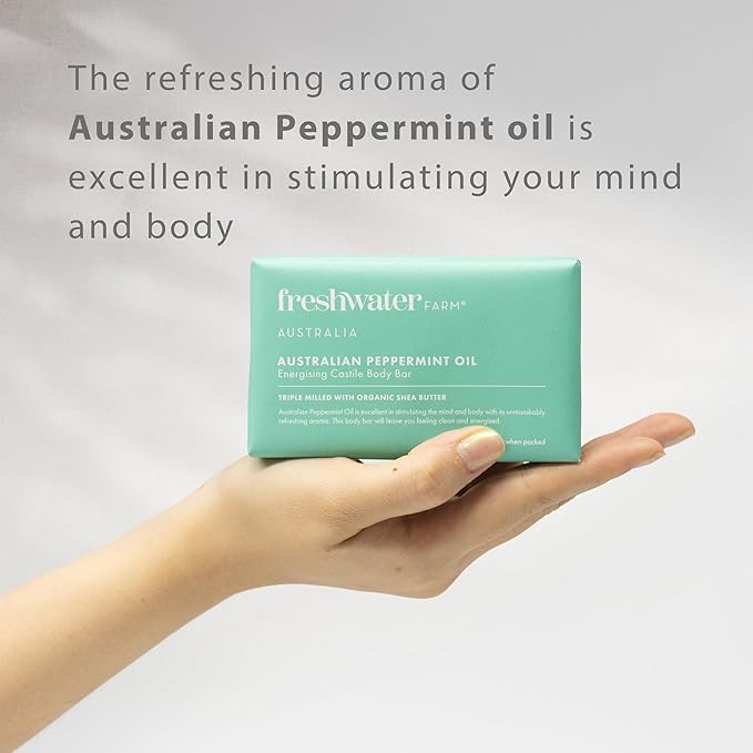 Freshwater Farm Australia Energizing Castile Natural Bar Soap for Women Men - Australian Peppermint Oil - Nourishing Essential Oils For Dry, Sensitive Skin - Natural Bar Soap, Body Soap - 7 oz 8PK