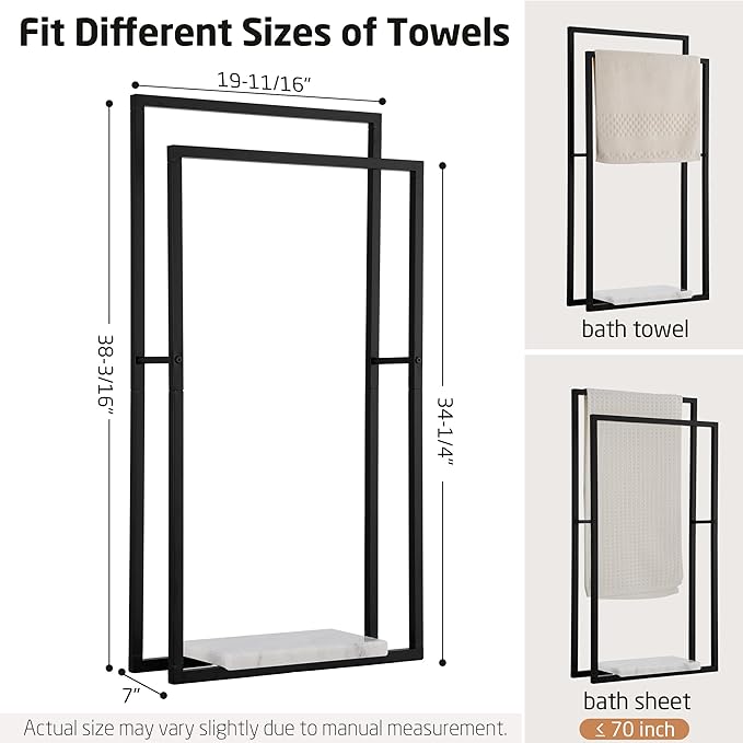 KES Standing Towel Racks for Bathroom with Heavy Marble Base, 38" H Towel Rack Stand for Bathroom 2-Tier, Blanket Rack for Bathroom Floor, Matte Black, BTH501-BK