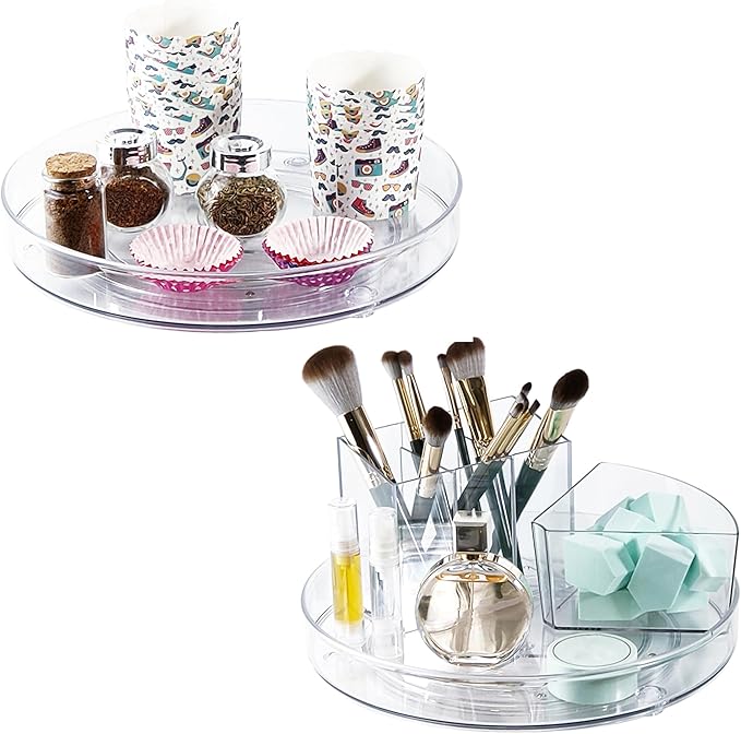 2 Pack Lazy Susan 9.25" Inch Turntable Organizer Pantry Organization and Storage Container Bins Spice Rack Cabinet Rotating Condiment for Pantry Kitchen Vanity Bathroom Jewelry Holder Clear