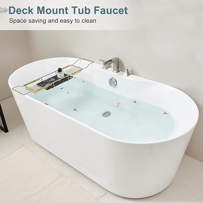 Waterfall Tub Faucet Brushed Nickel Bathtub Faucet 3 Hole, Brass High Pressure Bath Tub Faucet Set Deck Mount Roman Tub Faucets, Modern Tub Filler Bath Faucet for Tub with 2 Handles No Leaks