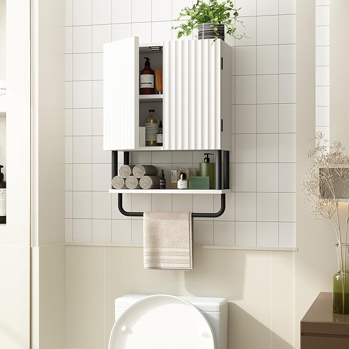 RUSTOWN Fluted Bathroom Wall Cabinet with 2 Doors, 3-Tier Modern Farmhouse Medicine Cabinet, Over The Toilet Storage Cabinet with Adjustable Shelf and Towel Bar(White, Small)